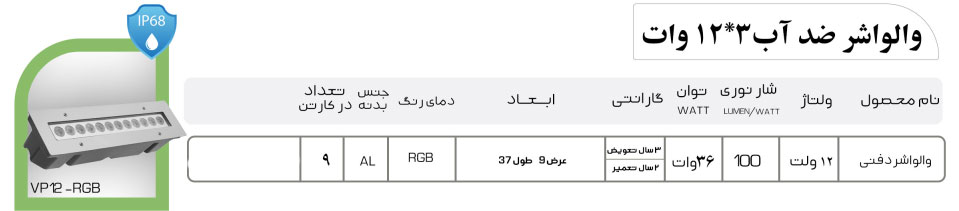 وال واشر استخری 36 وات توکار چند رنگ (RGB)