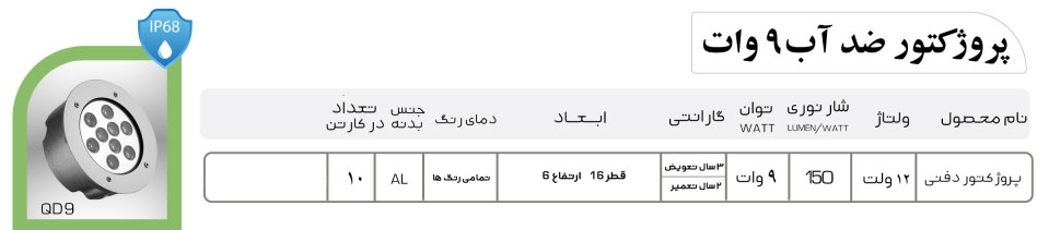 چراغ استخری 9 وات دفنی تک رنگ