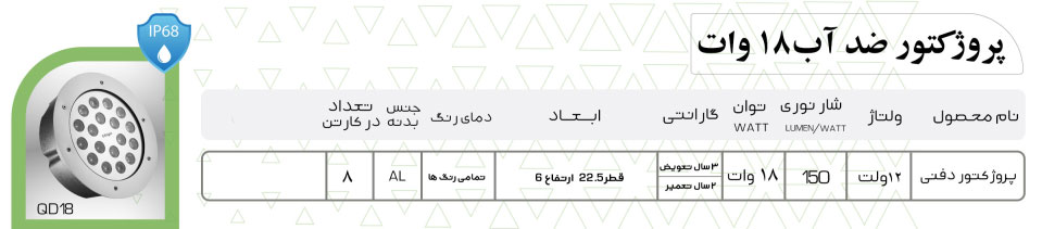چراغ استخری گرد 18 وات دفنی تک رنگ